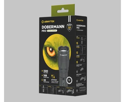 Oplaadbare zaklamp LED 1500 Lumen, Armytek Dobermann Pro verpakking