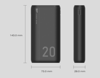 Powerbank 20000mAh Silicon Power QS15 - SP20KMAPBKQS150K Zwart maatindicatie