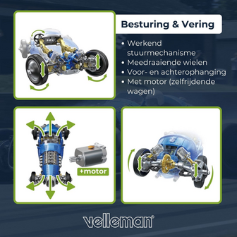 Retro Racewagen Bouwpakket met Werkende V8 Motor - 299-delige STEM Kit - Besturing