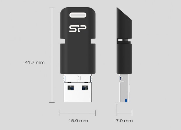USB stick voor o.a. Samsung, SP Mobile C50, 64Gb 3in1 USB, micro USB + Type C, SP064GBUC3C50V1K