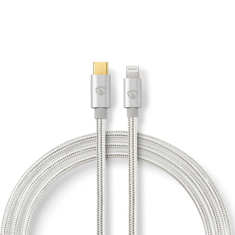 Nedis, Apple USB telefoonlader CCTB39650AL20, kleur aluminium en is 2 meter lang.