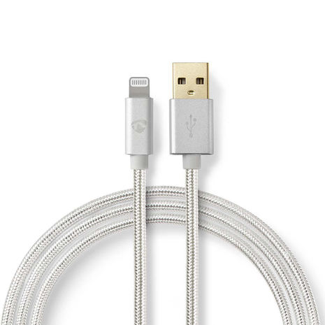 Nedis, Apple USB telefoonlader CCTB39300AL30, kleur aluminium en is 3 meter lang.