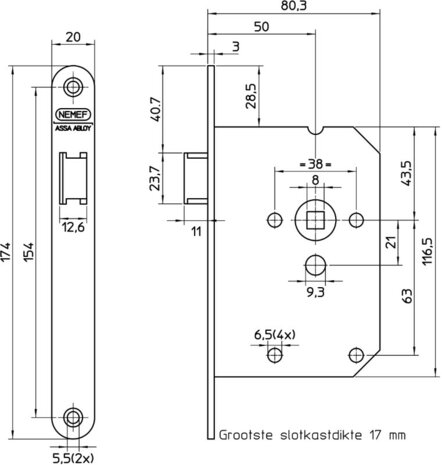 Nemef-Loopslot-Assa-Abloy-1255/2-50_Maatindicatie