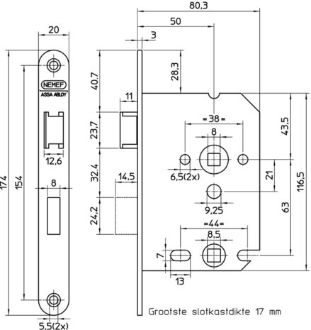 Nemef-badkamerdeurslot-wc-slot-Assa-Abloy-1264/4_Maatindicatie