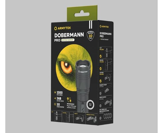 Oplaadbare zaklamp LED 1500 Lumen, Armytek Dobermann Pro verpakking