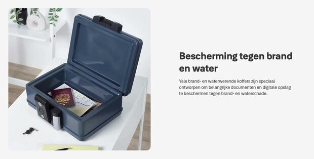 Brandkoffer water en brandwerende kluis, medium - Yale YFWC/155/KB1 open met uitleg