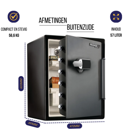 Kluis brandwerend met alarm, Masterlock LFW205TWC - afmetingen buitenzijde