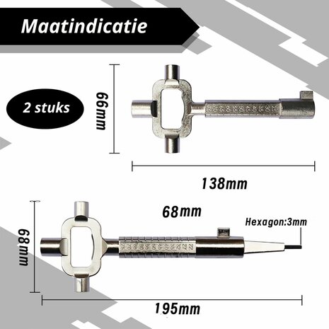 Bouwsleutel - Universele Sloten Multitool - 2 Stuks maatindicatie