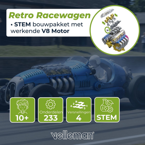 Retro Racewagen Bouwpakket met Werkende V8 Motor - 233-delige STEM Kit - Overzicht