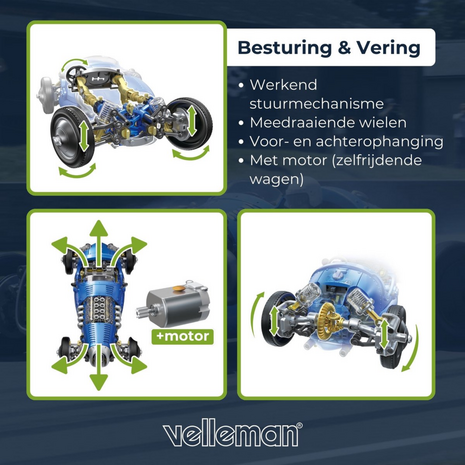 Retro Racewagen Bouwpakket met Werkende V8 Motor - 299-delige STEM Kit - Besturing