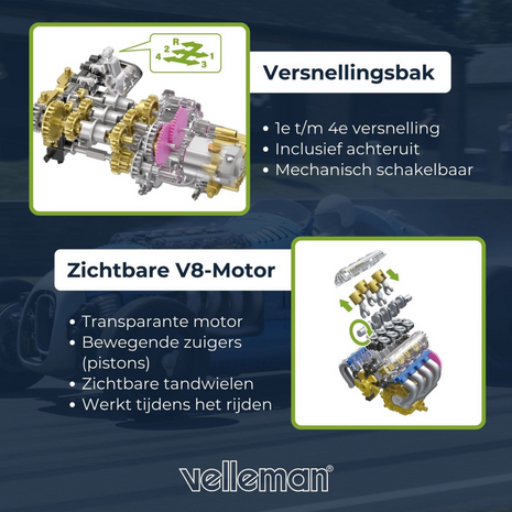 Retro Racewagen Bouwpakket met Werkende V8 Motor - 299-delige STEM Kit - Versnellingbak