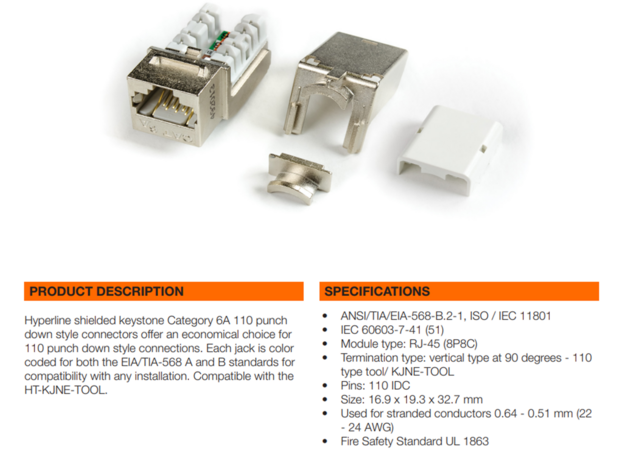 Keystone Jack Cat6A - RJ45 Connector fast Ethernet - Hyperline KJNE-8P8C-C6A-90-SH-F specs