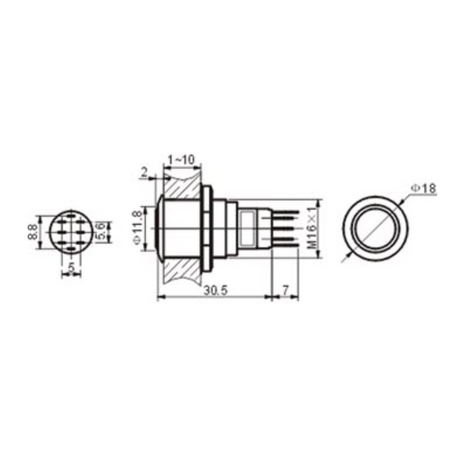 Velleman R1600 Metalen Drukknop 16 mm - Waterdichte Schakelaar - Afmetingen